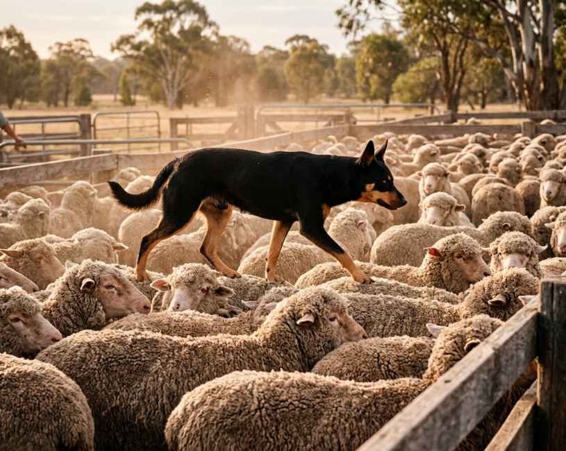 El Kelpie Australiano caminando sobre el ganado