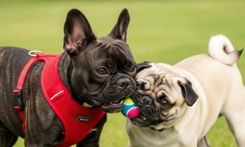 bulldog francés jugando con otros perros