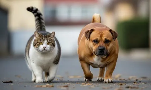 gato y perro gordos caminando