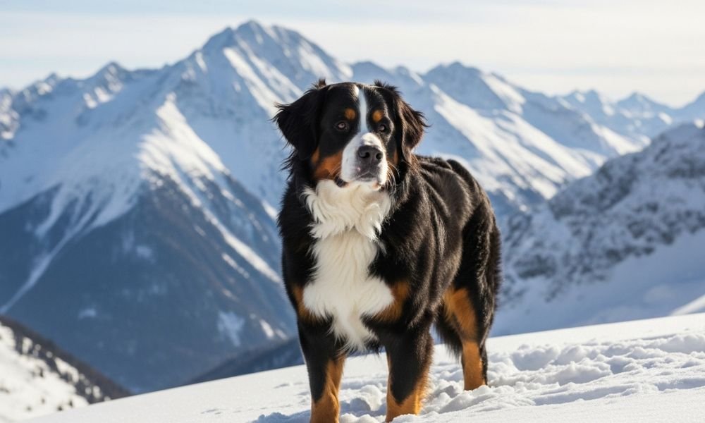 Boyero de Berna en los alpes