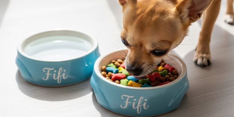 alimentando al perro chihuahua