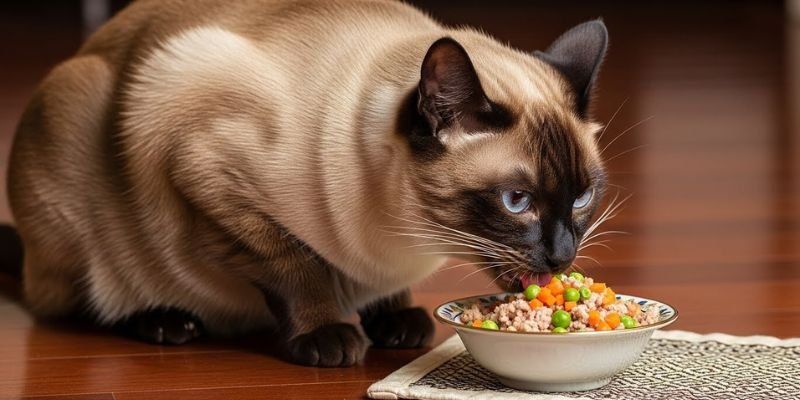 gato Siamés Thai tradicional  y la alimentación cocinada