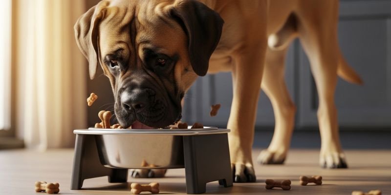 Perro Mastiff (Mastín) comiendo