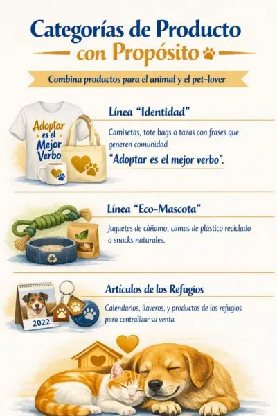 (54) Tienda online solidaria con productos cuyos beneficios apoyen refugios. 3 Categoría de productos con propósitos