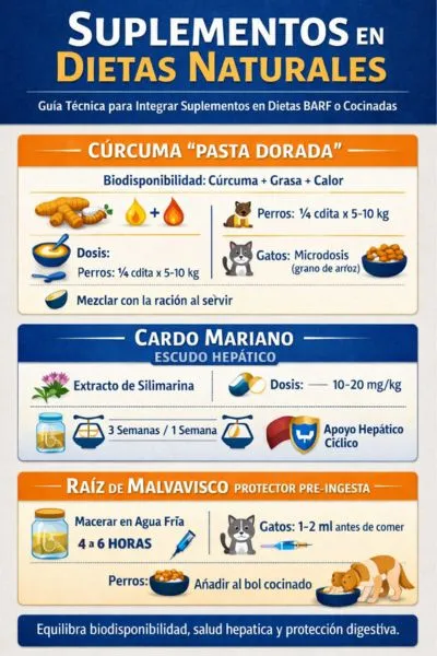 Guía para integrar suplementos naturales en la dieta BARF y dietas cocinada