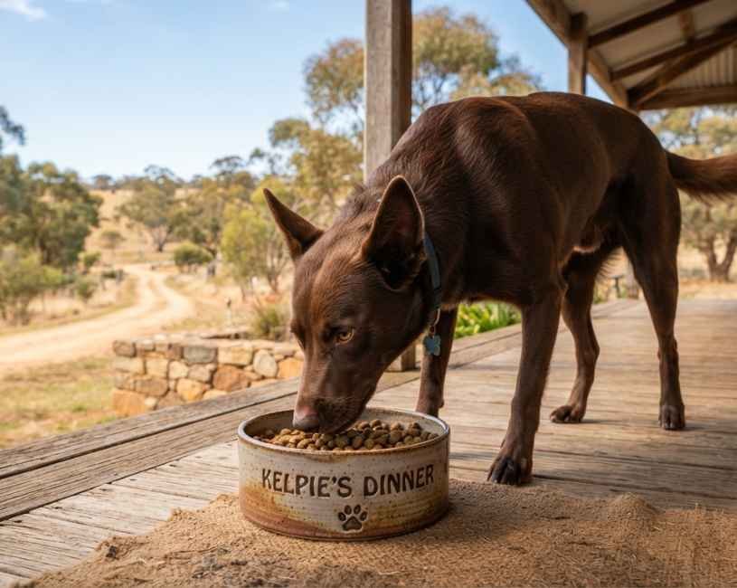 El Kelpie Australiano comiendo