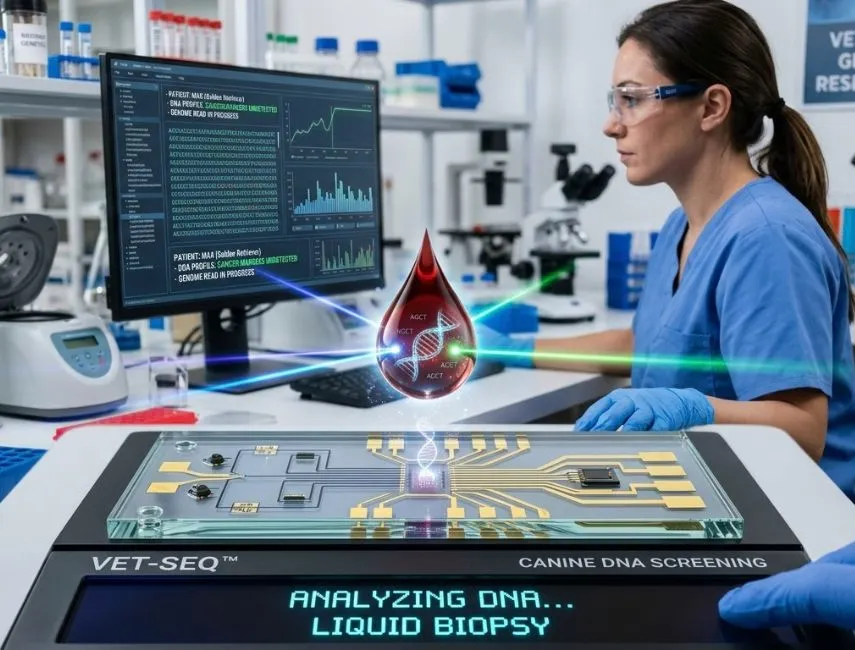 la gota de sangre que analiza el ADN con IA Diagnostico IA en veterinaria